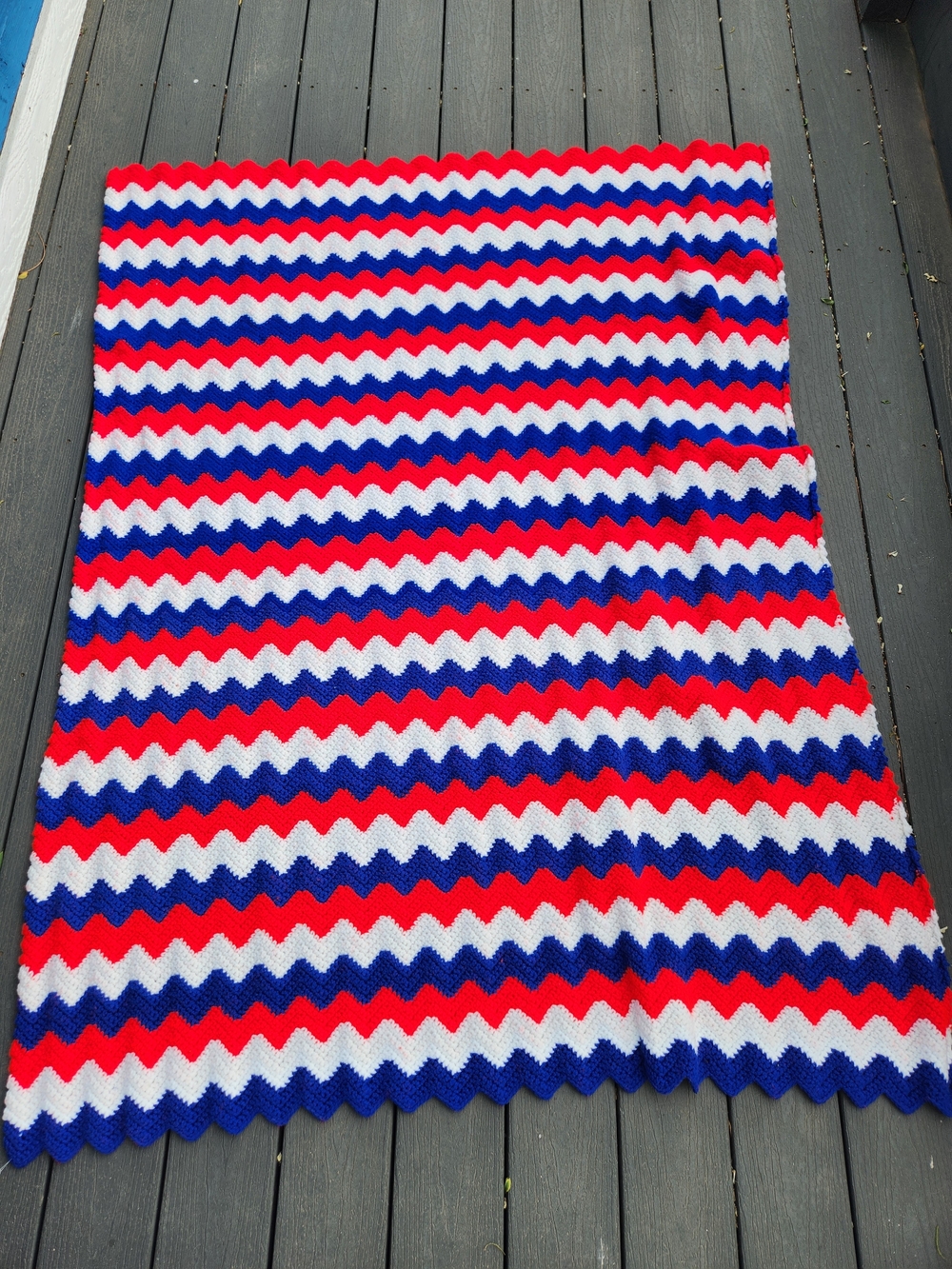 Handmade Red, White & Blue Ripple Crochet Afghan Blanket - Picture 3 of 6